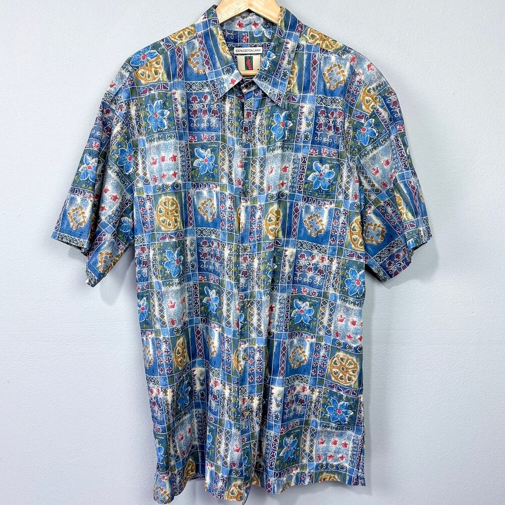 Vintage Tori Richard Hawaiian Print Button Up Shirt Size XL Blue Floral Batik